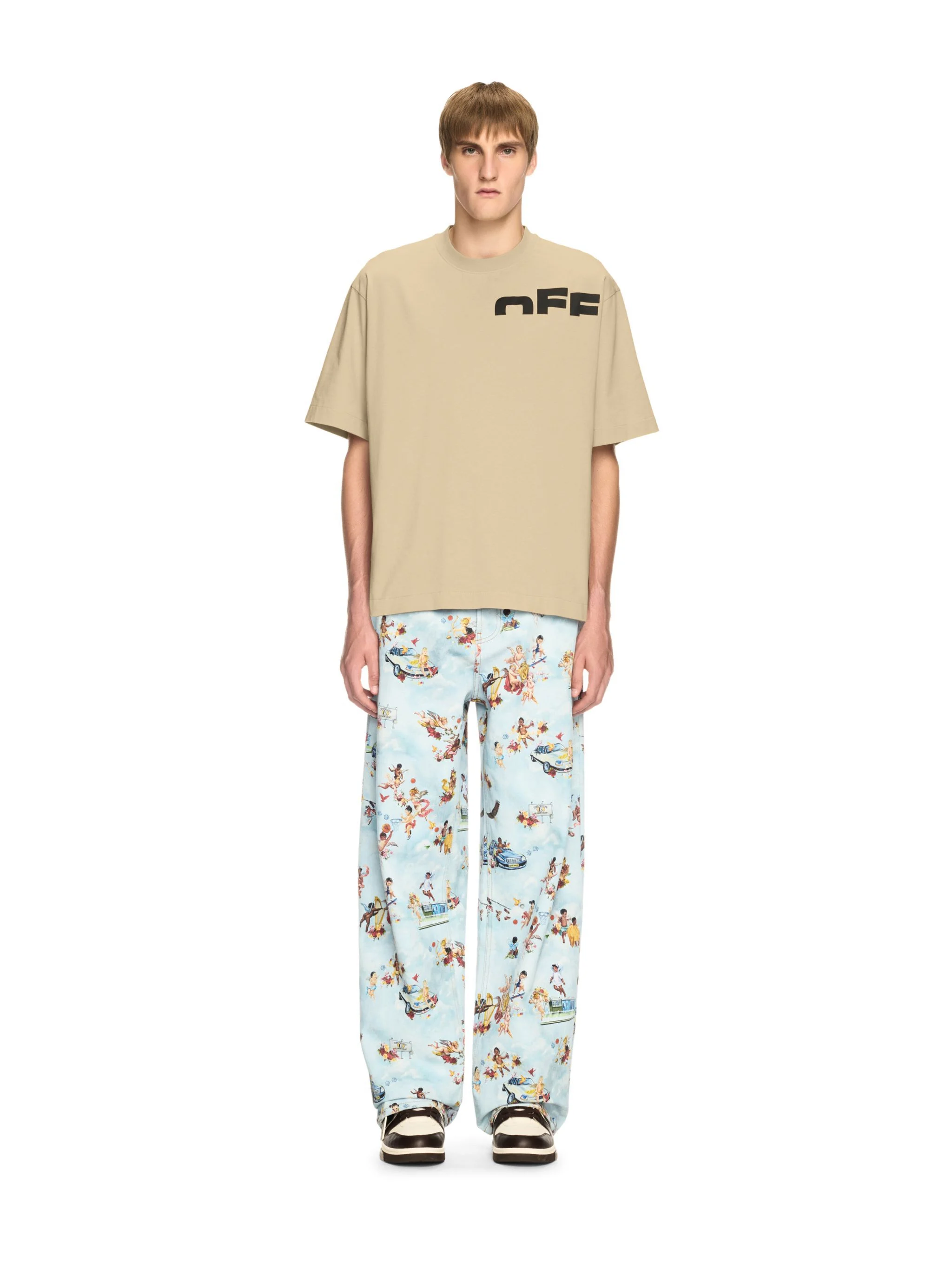 Beige Off Split T-Shirt